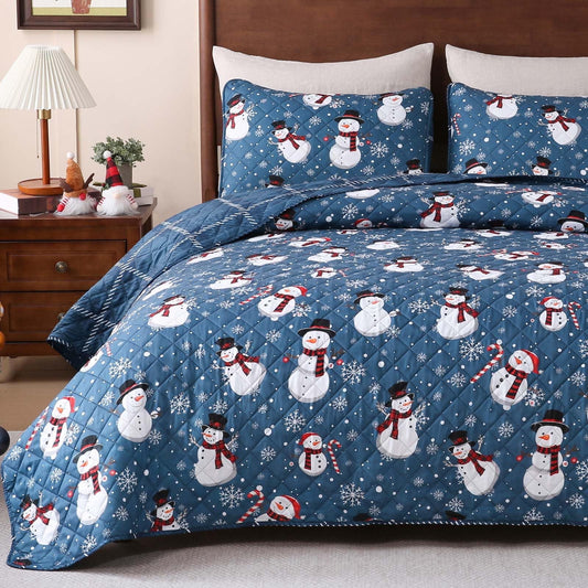 BLEUM CADE Christmas Quilts Sets Queen Size,3 Pieces Christmas Snowman Quilt Bedding Set, Reversible Blue Buffalo Plaid Comforter Sets, Christmas Tree Soft Lightweight Xmas Bedspread Coverlet,90"x90"