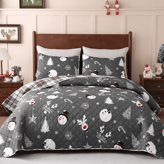 BLEUM CADE Christmas Quilts Sets Queen Size,3 Pieces Christmas Tree Quilt Bedding Set, Reversible Grey Buffalo Plaid Comforter Sets, Soft Lightweight Xmas Bedspread Coverlet,90"x90"