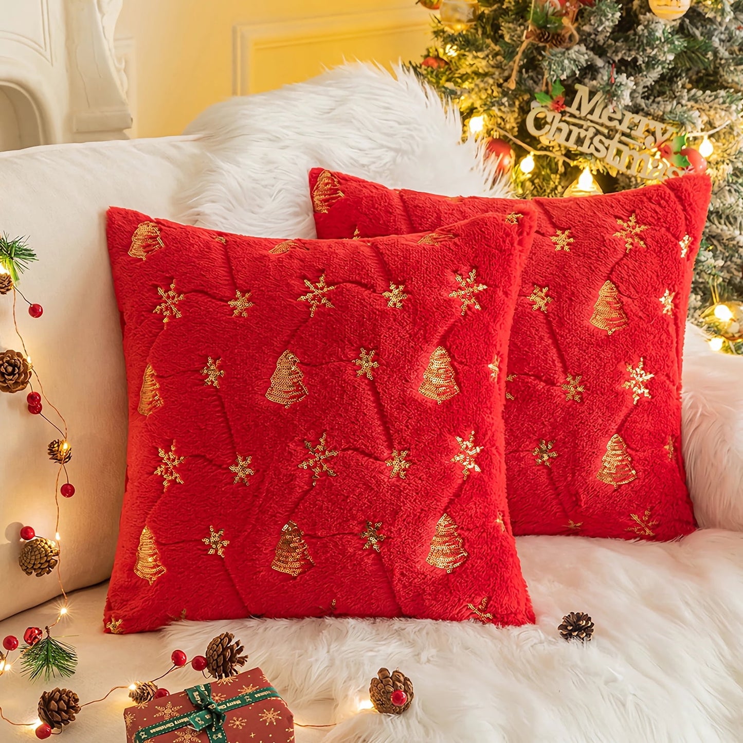 BLEUM CADE Christmas Throw Pillow Covers Set of 2,Teddy Fleece Xmas Red Soft Fleece Pillowcase with Christmas Elk Pattern,18 x 18 inches