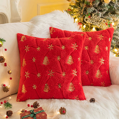 BLEUM CADE Christmas Throw Pillow Covers Set of 2,Teddy Fleece Xmas Red Soft Fleece Pillowcase with Christmas Elk Pattern,18 x 18 inches