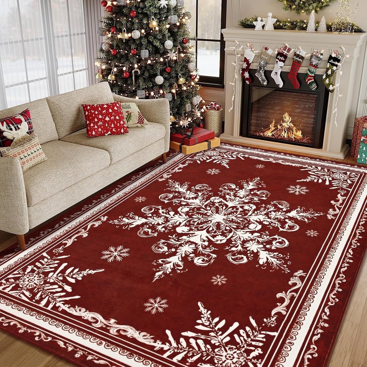 BLEUM CADE Christmas Snowflake 3x5 Area Rugs for Living Room,Non Slip Washable Rugs Low Pile Floor Mat Carpet,Holiday Christmas Decorations,Red