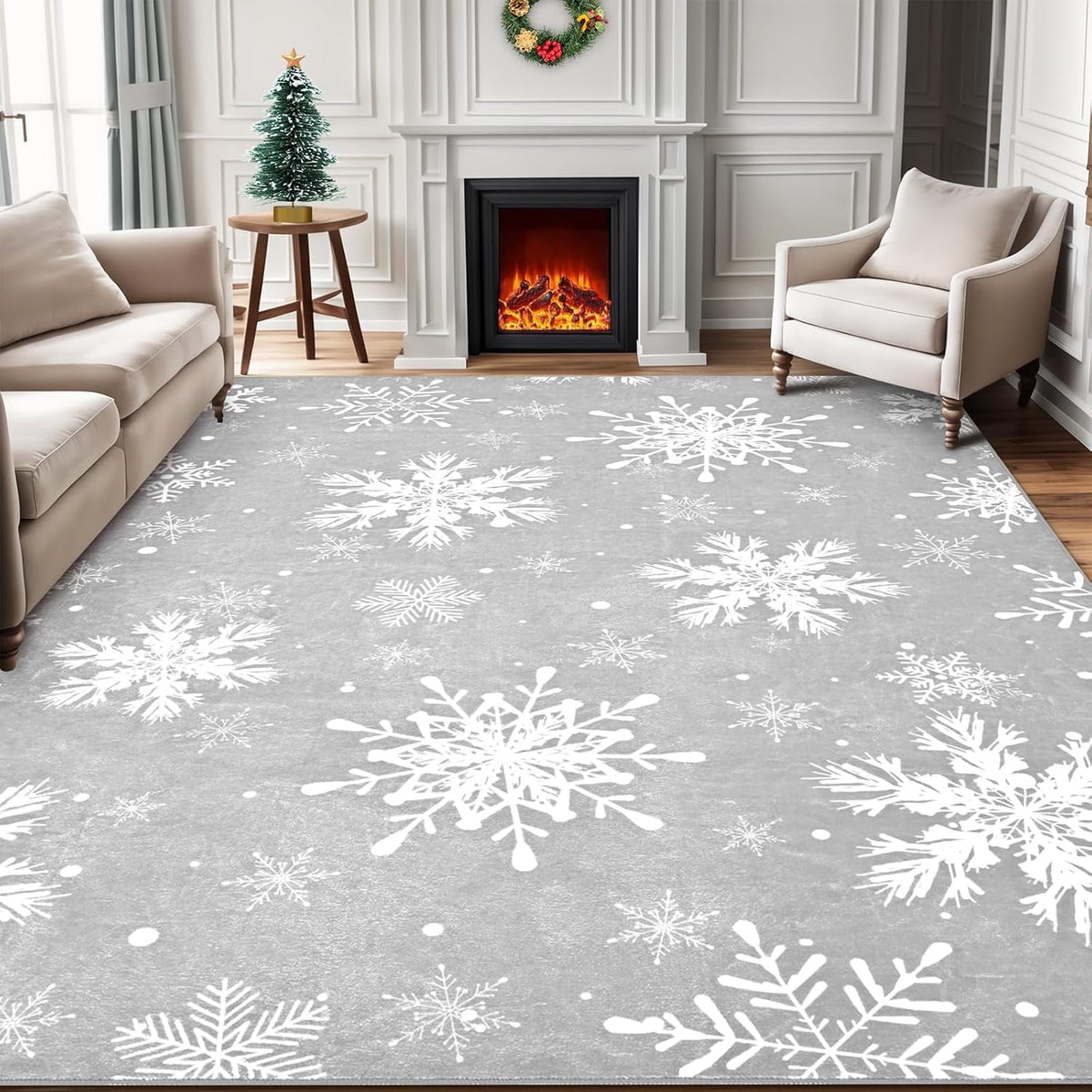 BLEUM CADE Christmas Snowflake Area Rug, Red 8x10 Rug Washable Non Slip, Winter Christmas Rugs for Living Room, Xmas Decor Low Pile Throw Rug Carpet