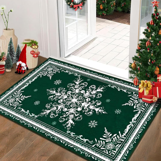 BLEUM CADE Christmas Snowflake Area Rugs 2x3 Door Mat, Non Slip Washable Entryway Rug Outdoor Indoor Welcome Mat for Entrance,Christmas Decorations,Green