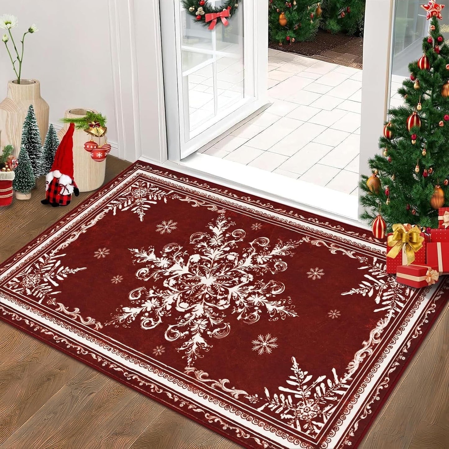 BLEUM CADE Christmas Snowflake Area Rugs 2x3 Door Mat, Non Slip Washable Entryway Rug Outdoor Indoor Welcome Mat for Entrance,Christmas Decorations,Red