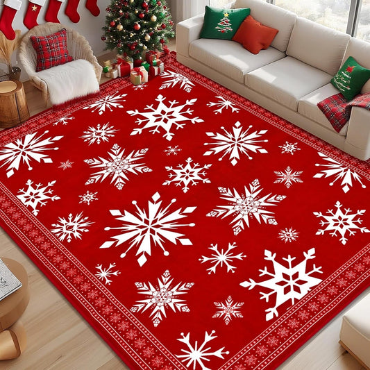 Bleum Cade Christmas Area Rug 3x5 for Living Room, Snowflake Red Washable Rugs Low Pile Non Slip Rug,Winter Soft Faux Wool Throw Carpet for Entryway, Doorway