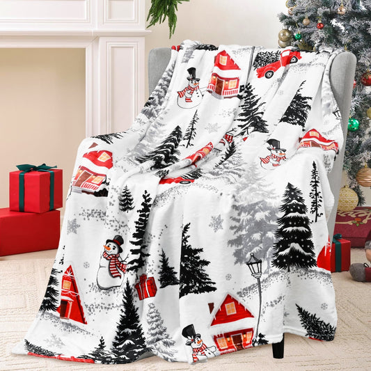 BLEUM CADE Christmas Decorations Throw Blanket, Christmas Tree and Snowman Blankets, Super Soft & Cozy Flannel Blanket for Couch Bed (50" x 60" )