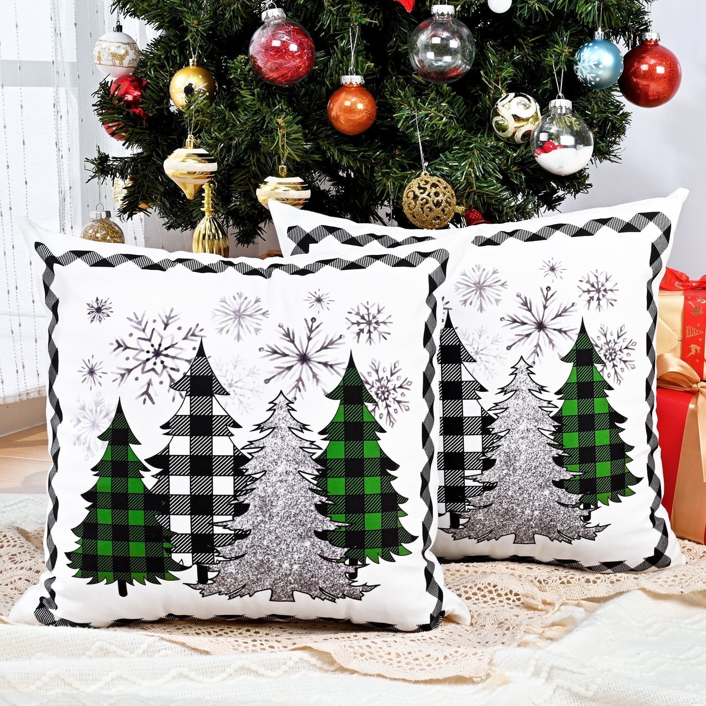 BLEUM CADE Christmas Throw Pillow Covers 18 x 18 inch Snowflakes Xmas Tree Buffalo Plaid Pillow Covers Set of 2,Winter Holiday Decorative Pillow Cases