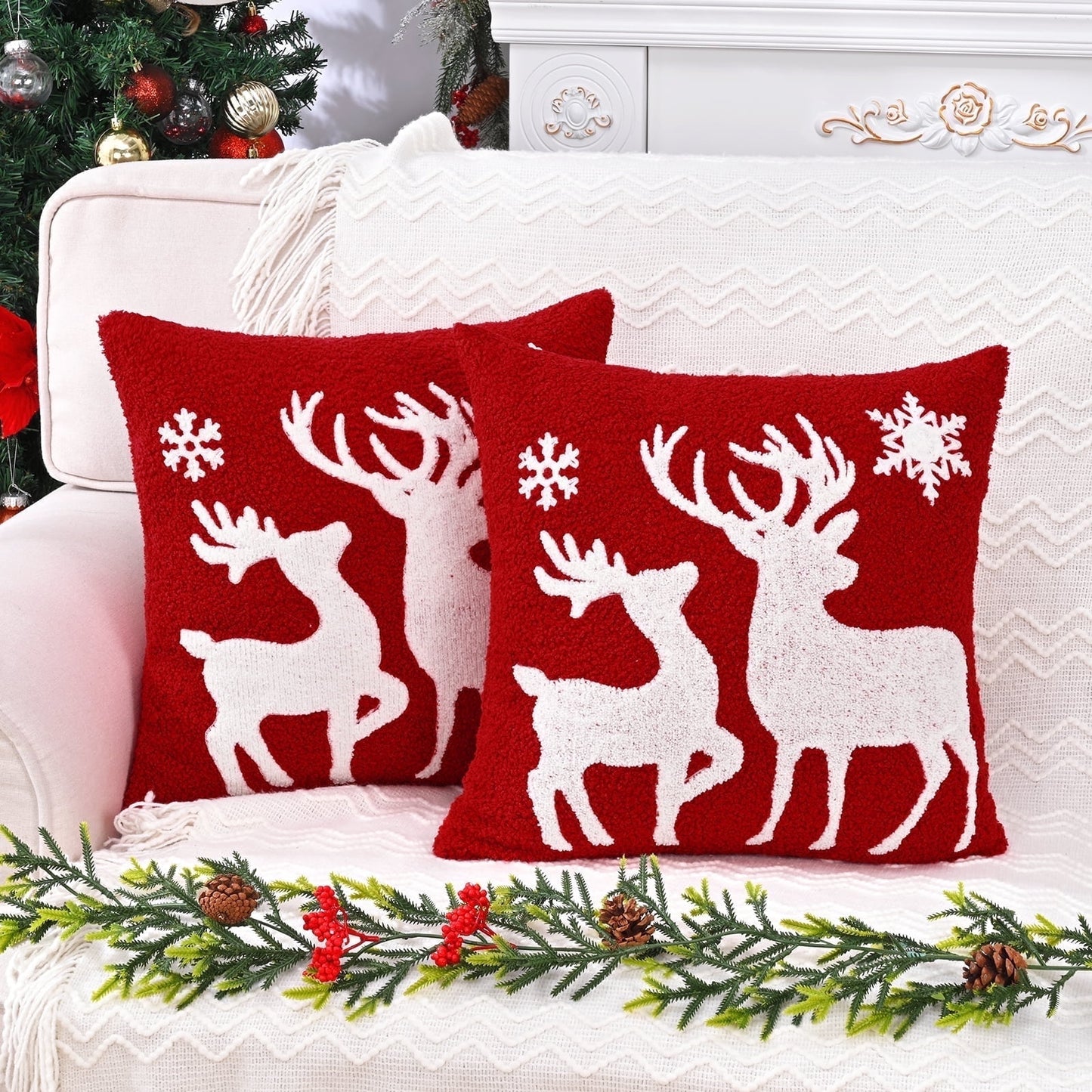 BLEUM CADE Christmas Throw Pillow Covers Set of 2,Teddy Fleece Xmas Red Soft Fleece Pillowcase with Christmas Elk Pattern,18 x 18 inches