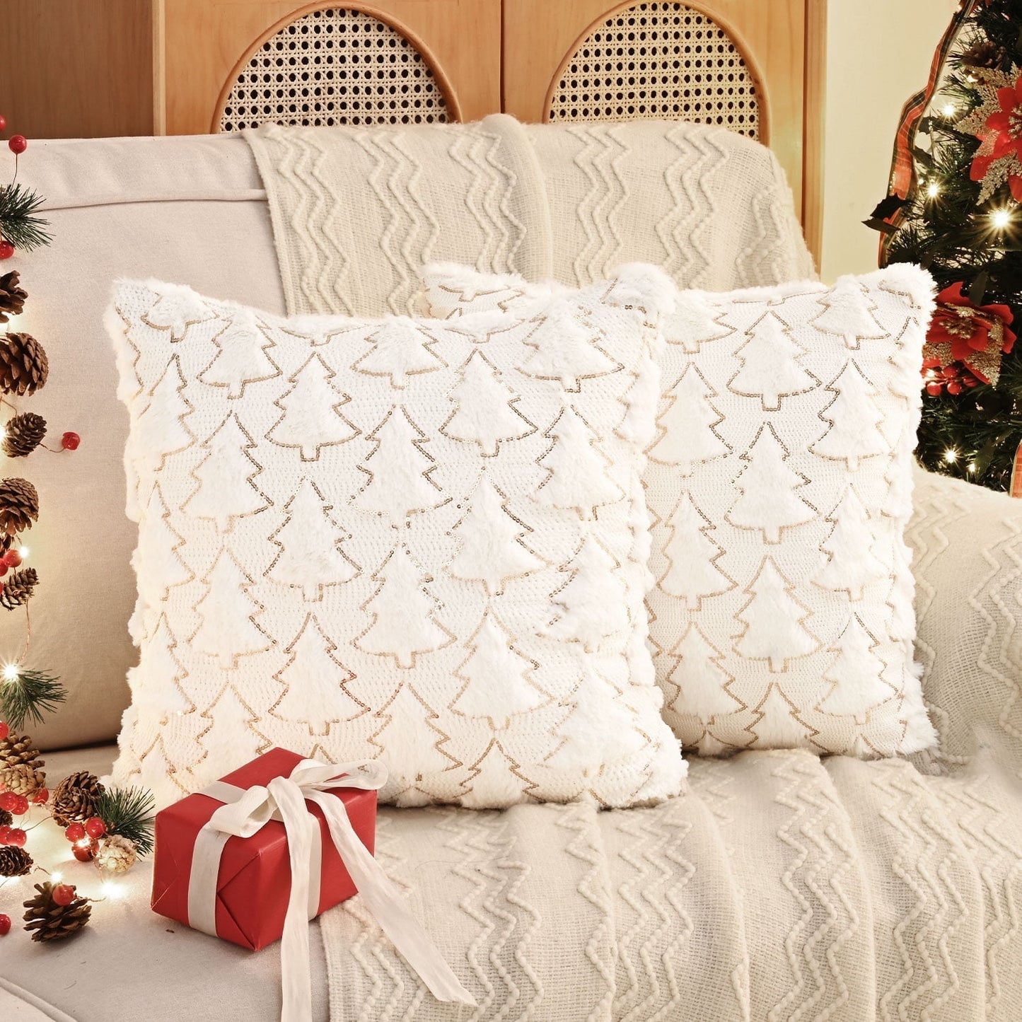 BLEUM CADE Christmas Throw Pillow Covers 18 x 18 inch Snowflakes Xmas Tree Buffalo Plaid Pillow Covers Set of 2,Winter Holiday Decorative Pillow Cases