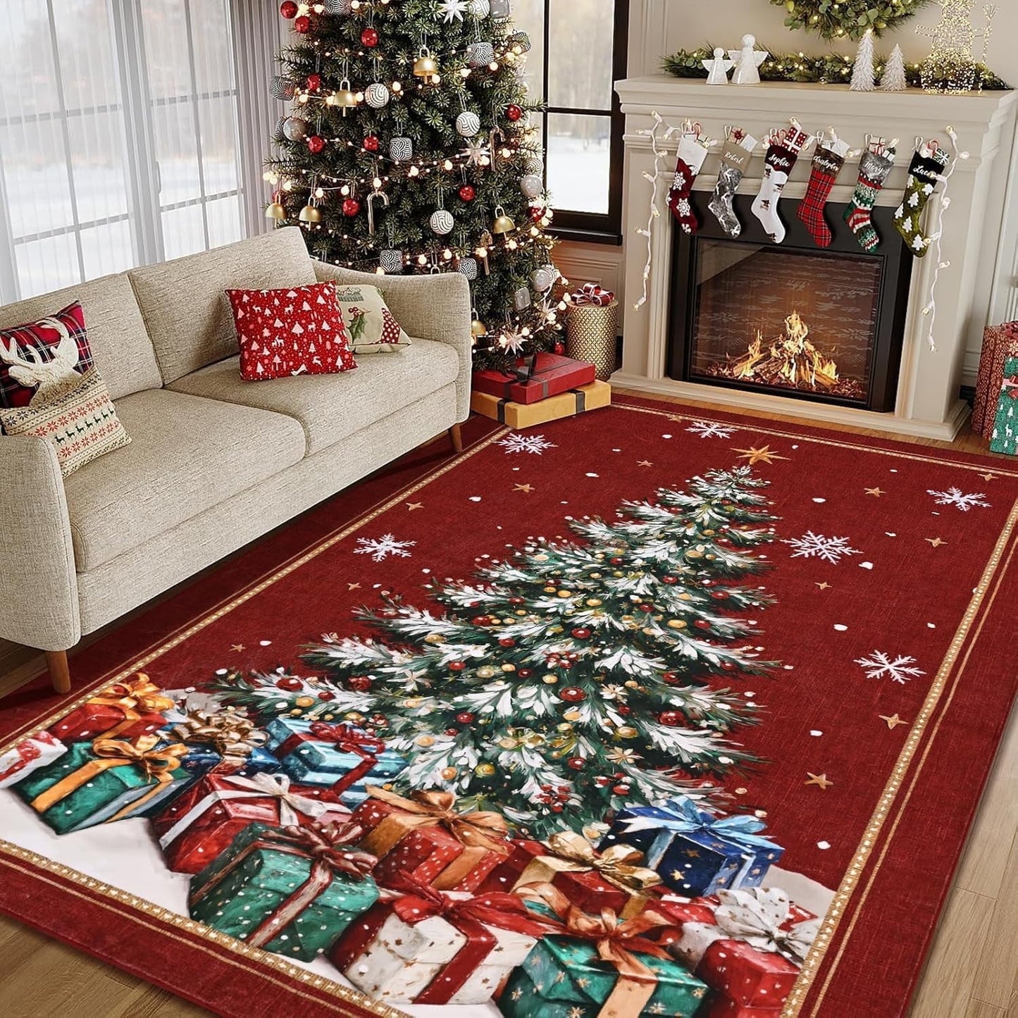 BLEUM CADE Christmas Tree Rug 3x5 Washable Rugs Non Slip,Xmas Red Area Rug for Living Room, Soft Faux Wool Large Entryway Rugs for Christmas Decorations