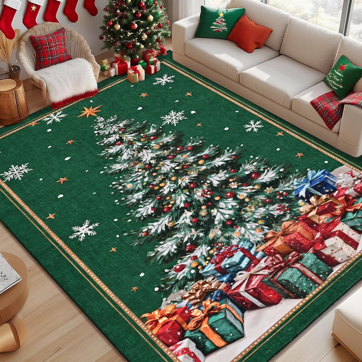 BLEUM CADE 8'x10' Christmas Tree Area Rugs for Living Room, Winter Red Washable Rugs for Bedroom Dinning Room, Ultra Soft Non Slip Durable Large Carpet Christmas Decorations