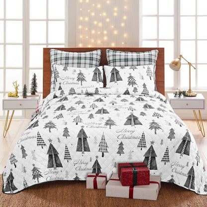 BLEUM CADE Christmas Quilt Sets Queen Size, 3 Pieces Christmas Tree Quilt Bedspread Sets,Lightweight Merry Christmas Bedding Set Soft Xmas Quilts Coverlet,Grey