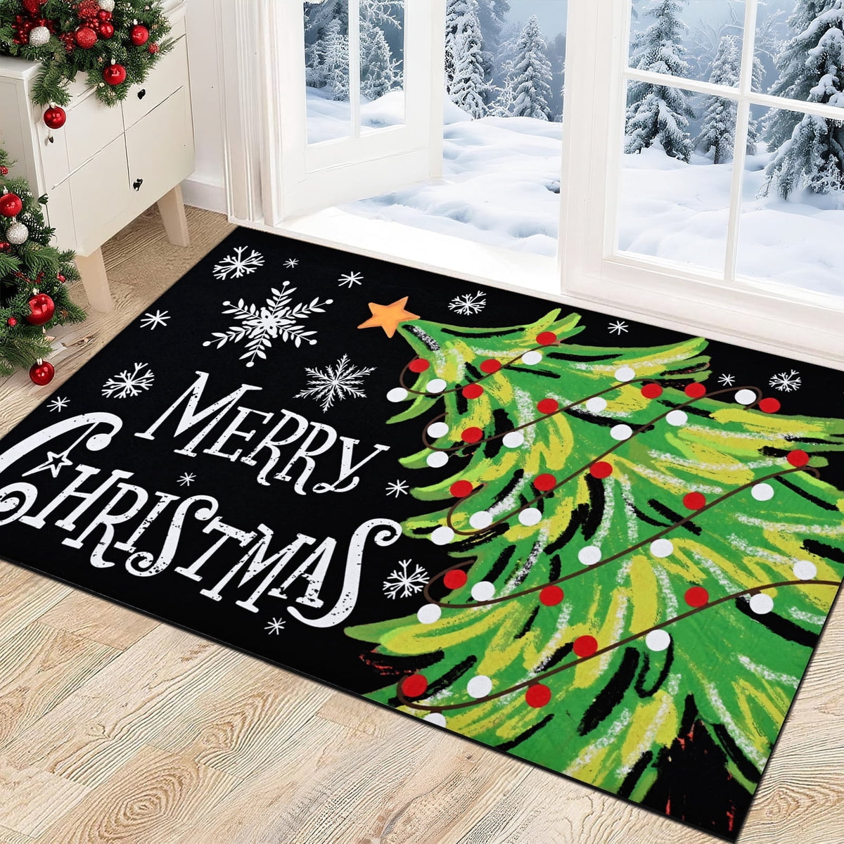 BLEUM CADE Christmas Welcome Mat,Christmas Tree Outdoor Door Mat Outside for Front Door,Non-slip Rubber Backing Doormat,Low-Pile Mat for Entrance,18 x 30 in,Black