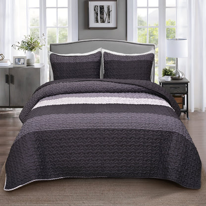 BLEUM CADE 3 Piece Twin Quilt Set with 2 Shams,Purple Gray Lightweight Bedspread for All-Season,Handblock Striped Reversible Quilt Coverlet for Twin Bed