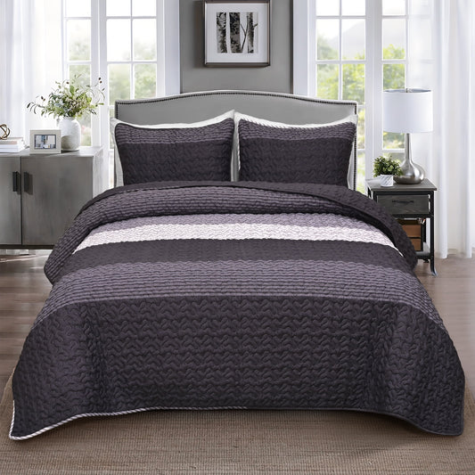 BLEUM CADE 3 Piece Twin Quilt Set with 2 Shams,Purple Gray Lightweight Bedspread for All-Season,Handblock Striped Reversible Quilt Coverlet for Twin Bed