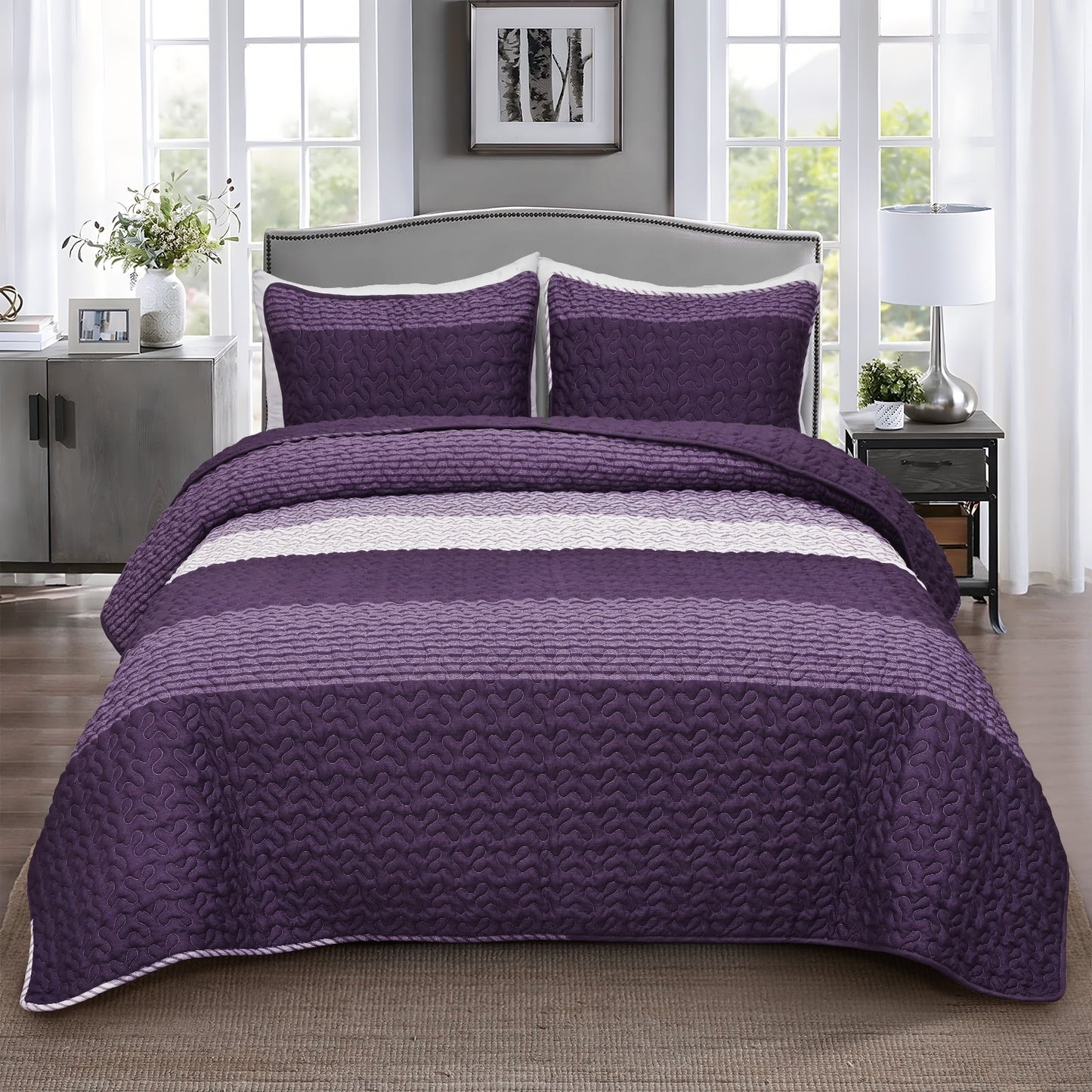 BLEUM CADE 3 Piece Twin Quilt Set with 2 Shams,Purple Gray Lightweight Bedspread for All-Season,Handblock Striped Reversible Quilt Coverlet for Twin Bed
