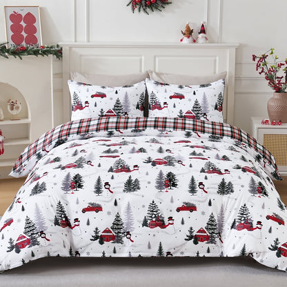BLEUM CADE Duvet Cover Set Christmas Tree Snowflake Plaid Set Festive 3 - Piece with Pillow Cover, Soft Microfiber for Home Bedroom Set, Holiday Season Theme