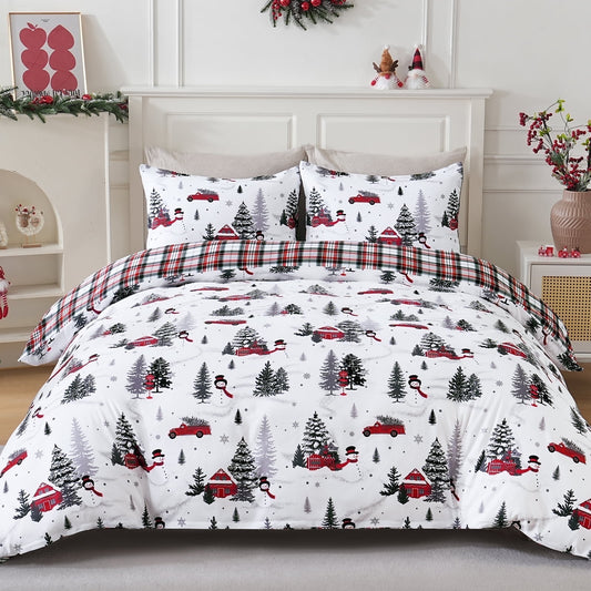 BLEUM CADE Duvet Cover Set Christmas Tree Snowflake Plaid Set Festive 3 - Piece with Pillow Cover, Soft Microfiber for Home Bedroom Set, Holiday Season Theme