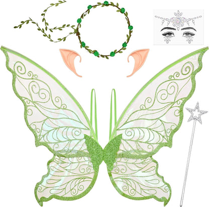 BLEUM CADE Fairy Wings for Adults and Girls,Fairy Costume Set with Floral Garland, Wand & Elf Ears, Organza Butterfly Wings Ideal for Halloween,Cosplay,Party,Golden