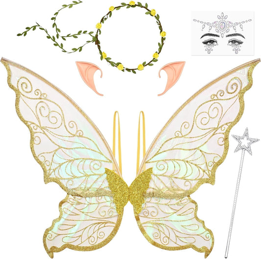 BLEUM CADE Fairy Wings for Adults and Girls,Fairy Costume Set with Floral Garland, Wand & Elf Ears, Organza Butterfly Wings Ideal for Halloween,Cosplay,Party,Golden