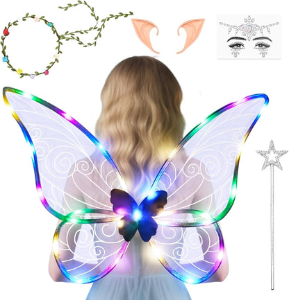 BLEUM CADE Fairy Wings for Adults and Girls,Fairy Costume Set with Floral Garland, Wand & Elf Ears, Organza Butterfly Wings Ideal for Halloween,Cosplay,Party,Golden