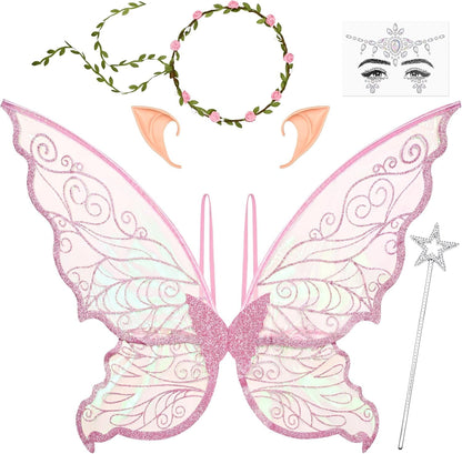 BLEUM CADE Fairy Wings for Adults and Girls,Fairy Costume Set with Floral Garland, Wand & Elf Ears, Organza Butterfly Wings Ideal for Halloween,Cosplay,Party,Golden