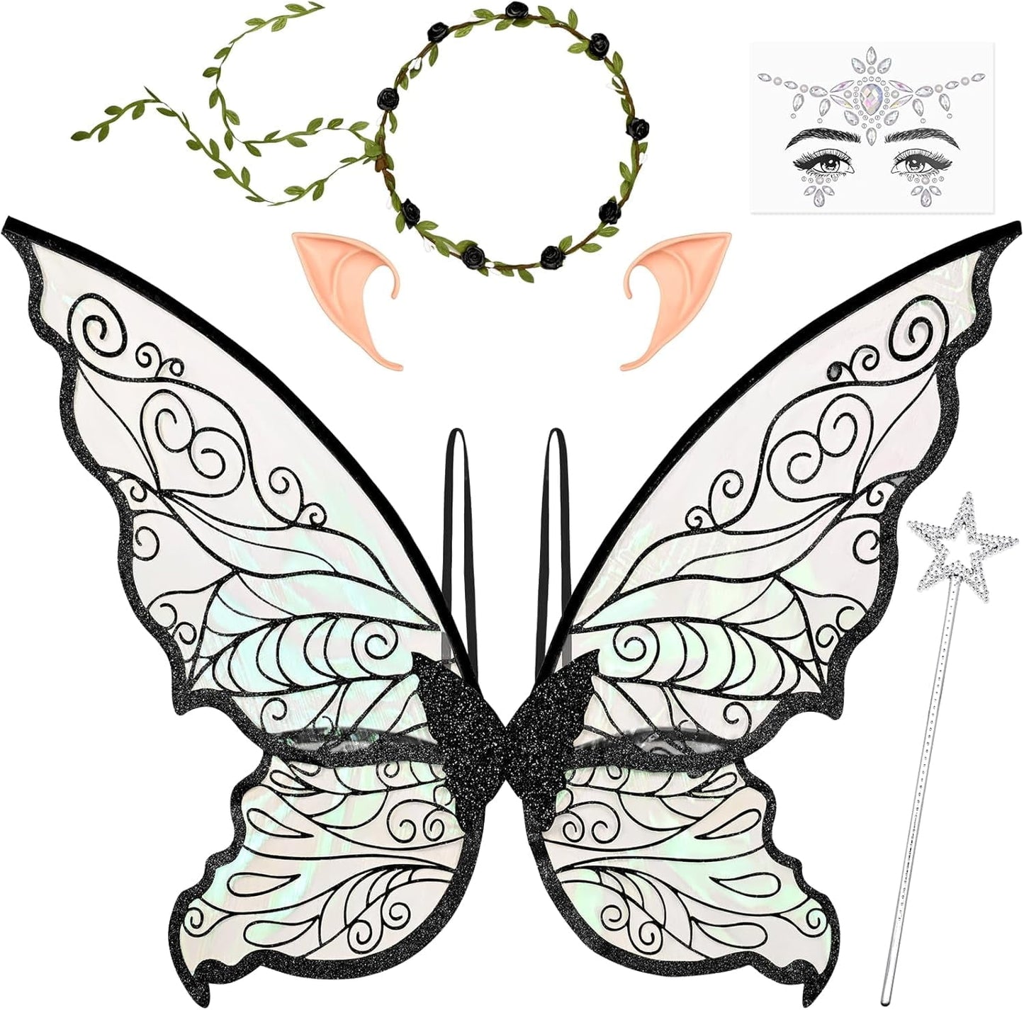 BLEUM CADE Fairy Wings for Adults and Girls,Fairy Costume Set with Floral Garland, Wand & Elf Ears, Organza Butterfly Wings Ideal for Halloween,Cosplay,Party,Golden