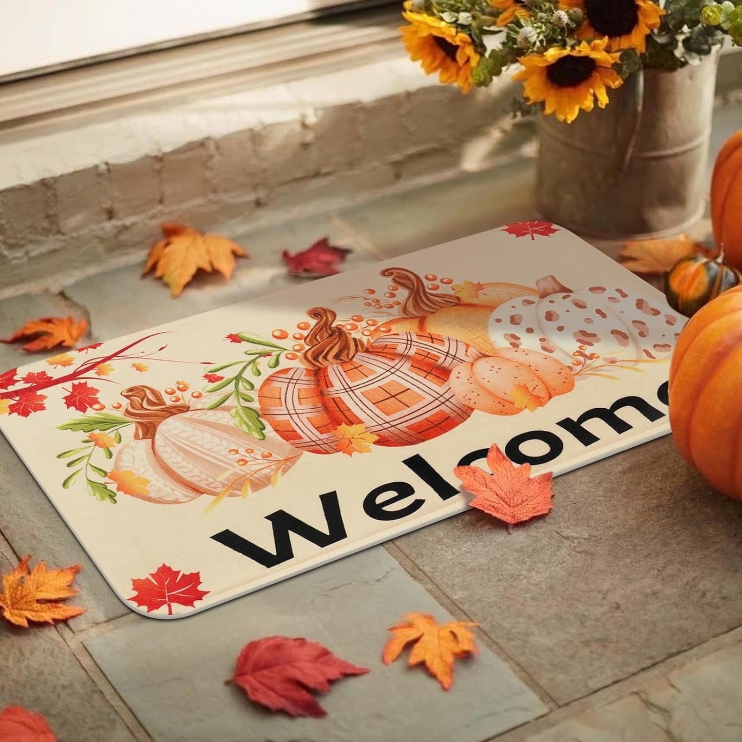 BLEUM CADE Fall Doormat Outdoor Welcome Mat for Entrance,Sunflower Pumpkin Door Mat Outside Entry Rug,18 x 30 inches