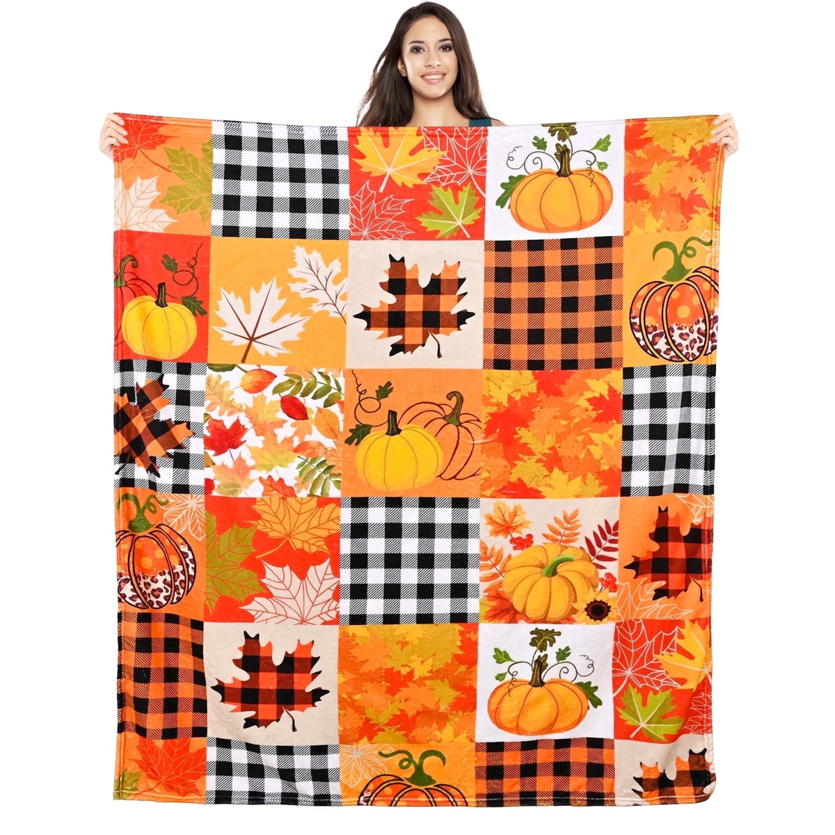 BLEUM CADE Fall Throw Blanket,Pumpkin Maple Leaves Plaid Blanket,Super Soft Flannel Throw Blankets for Bed Couch Sofa 50"x60"
