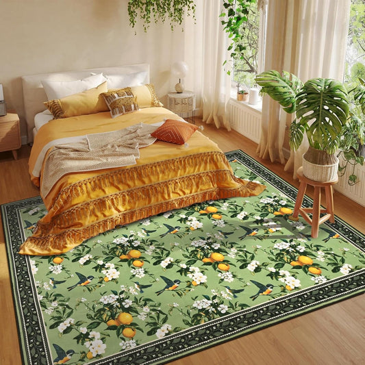 BLEUM CADE Floral Area Rug 8x10 Hummingbird Washable Non Slip Vintage Rug Outdoor Indoor Lemon Carpet Soft Low Pile,Green