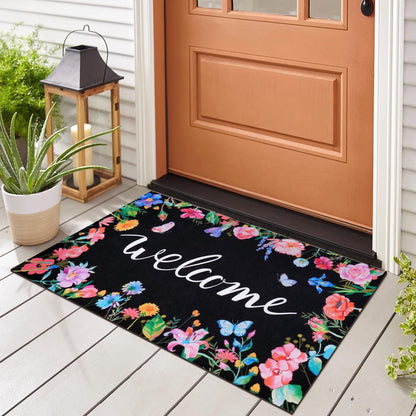 BLEUM CADE Spring Door Mat Low Profile Welcome Mat,Non Slip Rubber Backing Outside Door Mats Green Floral for Front Door,Patio,Entryway,18" x 30"