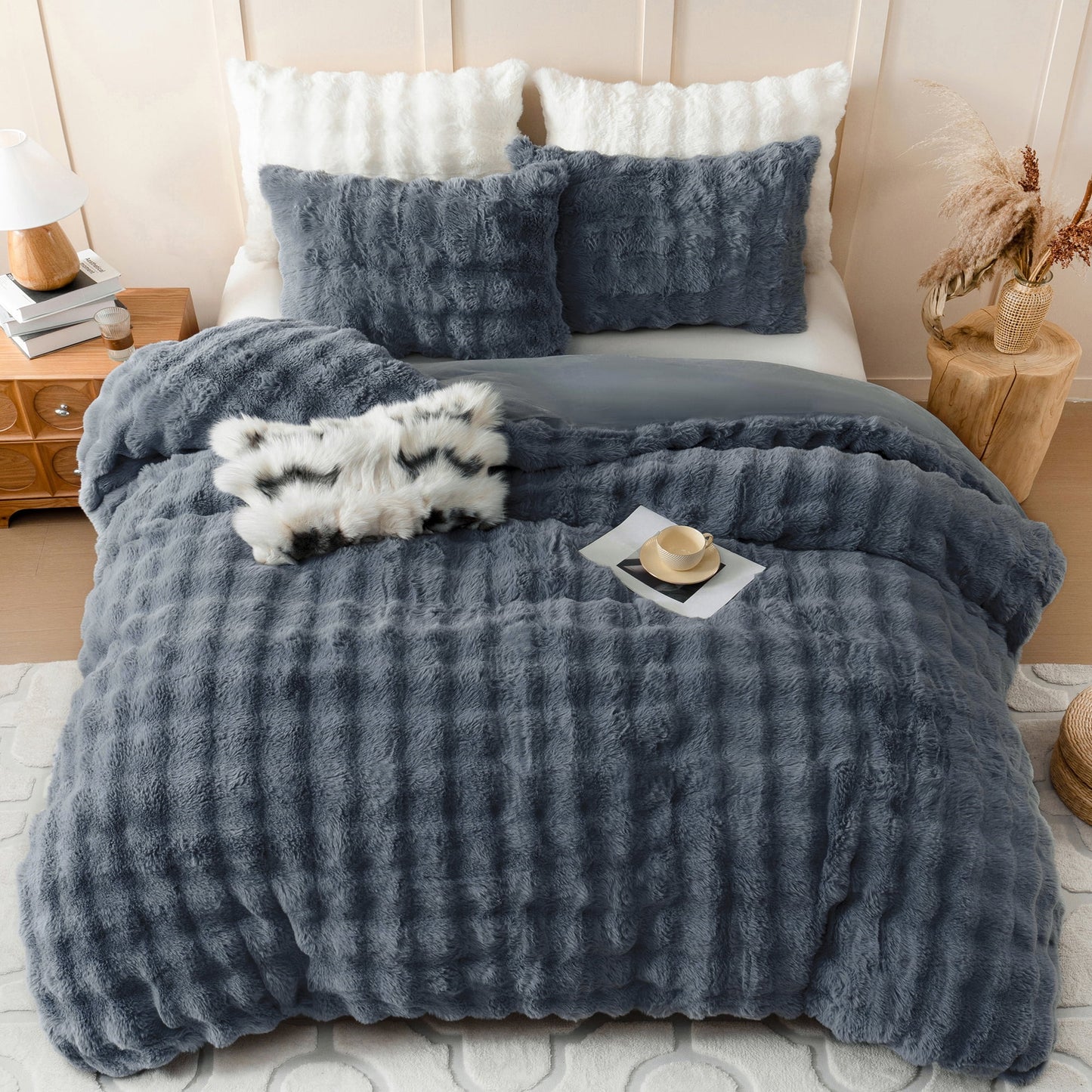 BLEUM CADE Fluffy Comforter Set Queen Size,Faux Fur Luxury Fuzzy Bedding Sets Light Gray,Shaggy Plush Duvet Cover Set with 2 Pillowcases