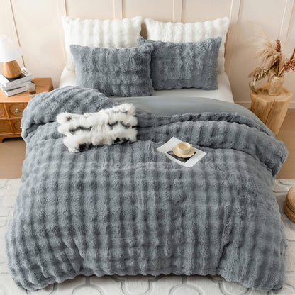 BLEUM CADE Fluffy Comforter Set Twin Size,Faux Fur Luxury Fuzzy Bedding Sets Light Gray,Shaggy Plush Duvet Cover Set with 2 Pillowcases