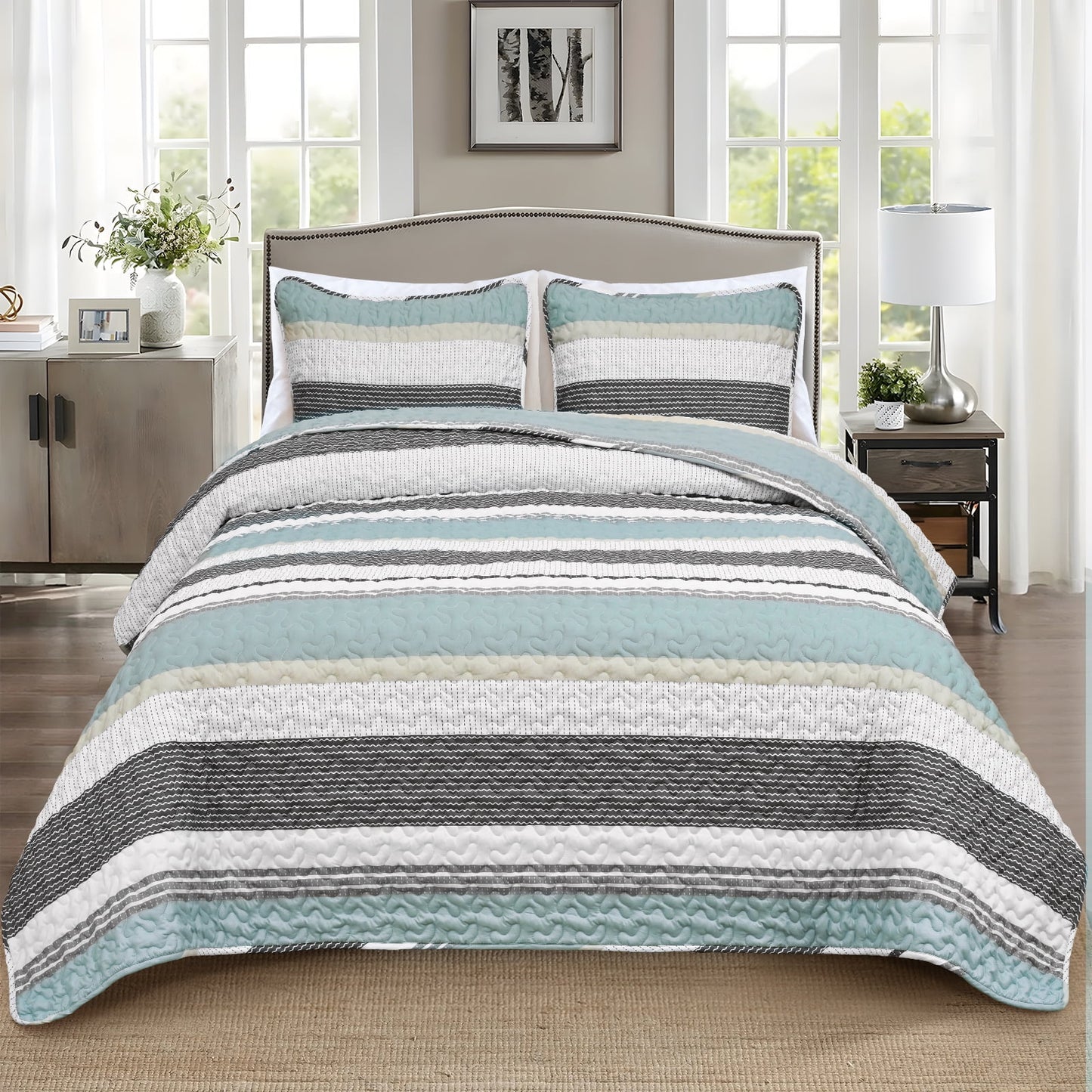 BLEUM CADE 3 Piece Twin Quilt Set with 2 Shams,Purple Gray Lightweight Bedspread for All-Season,Handblock Striped Reversible Quilt Coverlet for Twin Bed