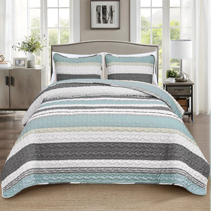 BLEUM CADE 3 Piece Twin Quilt Set with 2 Shams,Purple Gray Lightweight Bedspread for All-Season,Handblock Striped Reversible Quilt Coverlet for Twin Bed