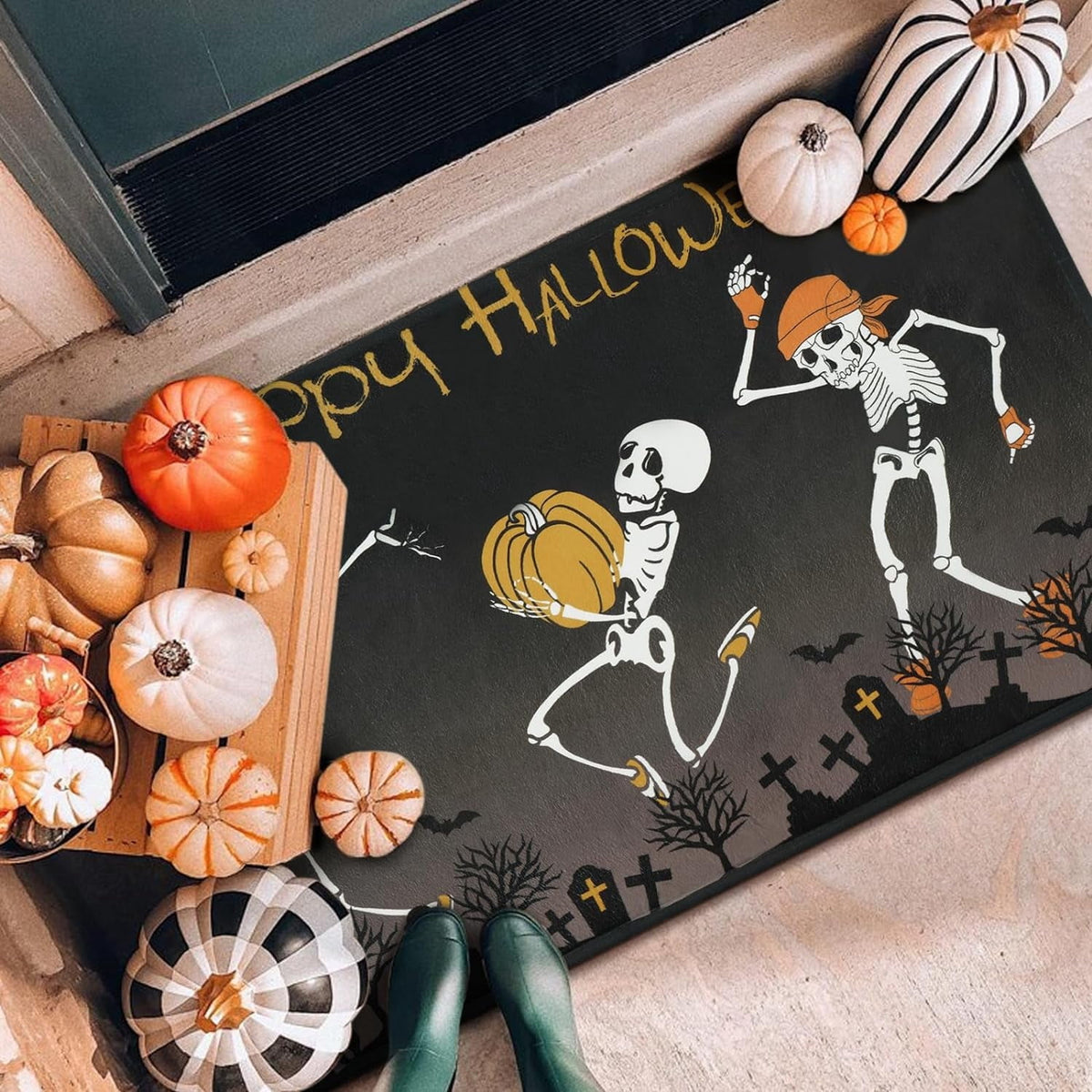 Bleum Cade Fall Pumpkin Door mat 18"x 30", Autumn Maple Leaves Non Slip Low Profile Doormat,Thanksgiving Welcome Mat for Indoor Outdoor Home Decor Gift
