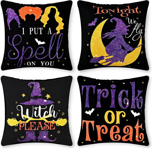 BLEUM CADE Halloween Pillow Covers 18 x 18 inch, Trick or Treat Decorative Throw Pillow Covers Set of 4,Black
