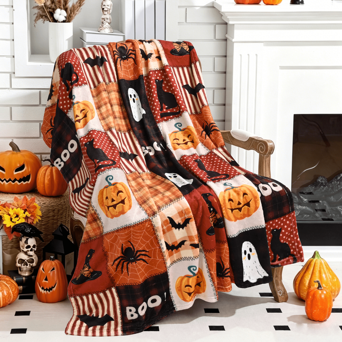 BLEUM CADE Fall Throw Blanket,Pumpkin Maple Leaves Plaid Blanket,Super Soft Flannel Throw Blankets for Bed Couch Sofa 50"x60"