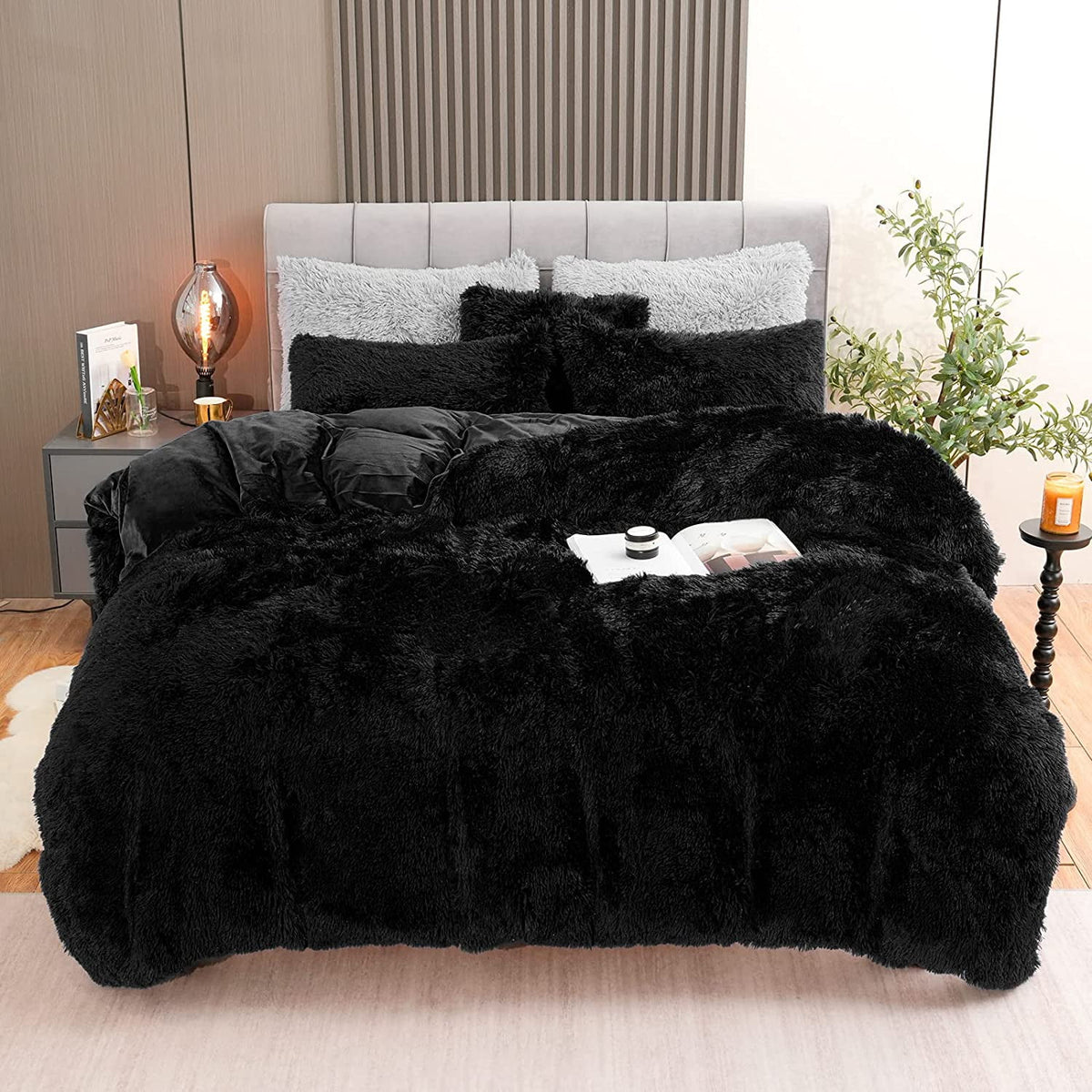BLEUM CADE Luxury Fluffy Fuzzy King Bedding Comforter Set,3 Pieces Shaggy Duvet Cover Set,Furry Plush Velvet Comforter Cover with Zip Closure,King,Black