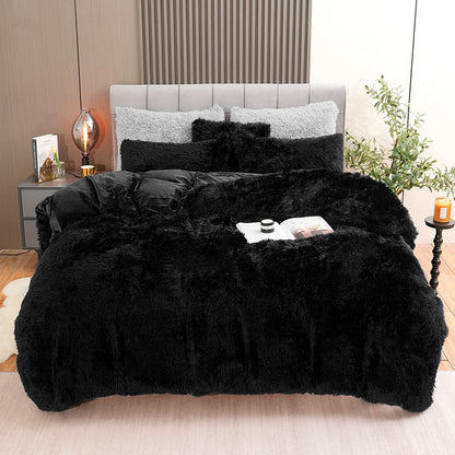 BLEUM CADE Luxury Fluffy Fuzzy King Bedding Comforter Set,3 Pieces Shaggy Duvet Cover Set,Furry Plush Velvet Comforter Cover with Zip Closure,King,Black