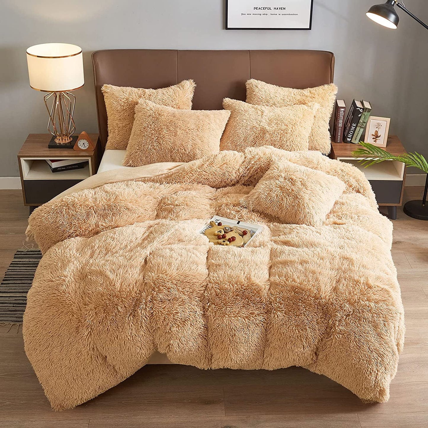 BLEUM CADE Luxury Fluffy Fuzzy Twin Bedding Comforter Set，3 Pieces Shaggy Duvet Cover Set，Furry Plush Velvet Comforter Cover with Zip Closure，Twin，Dark Grey