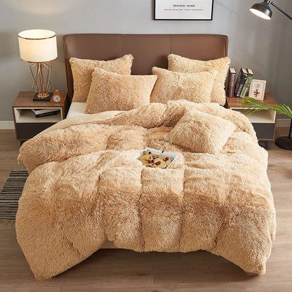 BLEUM CADE Luxury Fluffy Fuzzy Queen Bedding Comforter Set,4 Pieces Shaggy Duvet Cover Set,Furry Plush Velvet Comforter Cover with Zip Closure, Queen,Light Purple
