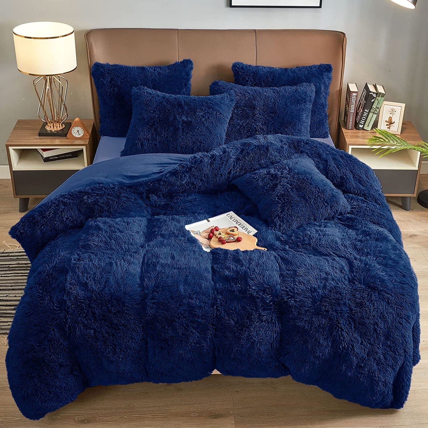BLEUM CADE Luxury Fluffy Fuzzy King Bedding Comforter Set,4 Pieces Shaggy Duvet Cover Set,Furry Plush Velvet Comforter Cover with Zip Closure,Queen,Navy Blue