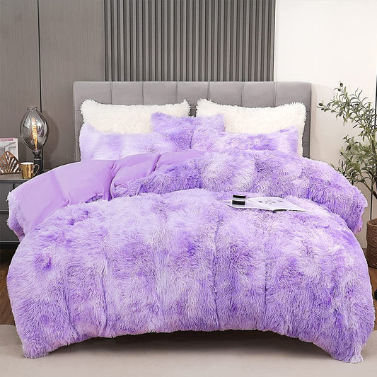 BLEUM CADE Luxury Fluffy Fuzzy King Bedding Comforter Set,4 Pieces Shaggy Duvet Cover Set,Furry Plush Velvet Comforter Cover with Zip Closure,King,Light Purple