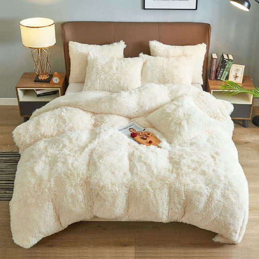 BLEUM CADE Luxury Fluffy Fuzzy King Bedding Comforter Set,4 Pieces Soft Shaggy Duvet Cover Set,Furry Plush Velvet Comforter Cover with Zip Closure,King,Creamy-White