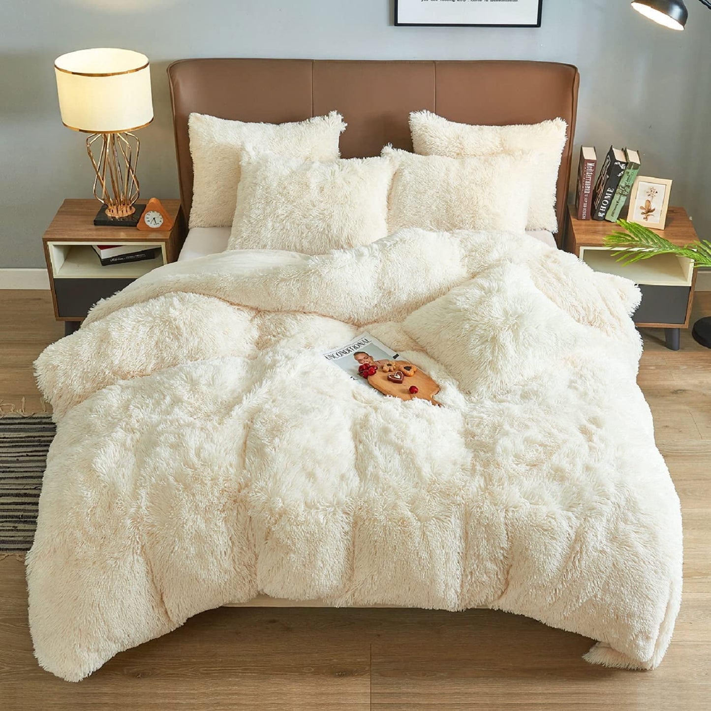 BLEUM CADE Luxury Fluffy Fuzzy Queen Bedding Comforter Set?4 Pieces Shaggy Duvet Cover Set?Furry Plush Velvet Comforter Cover with Zip Closure?Queen?Light Grey