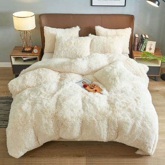 BLEUM CADE Luxury Fluffy Fuzzy Queen Bedding Comforter Set,4 Pieces Shaggy Duvet Cover Set,Furry Plush Velvet Bed Comforter Cover with Zip Closure,Queen,Creamy-White