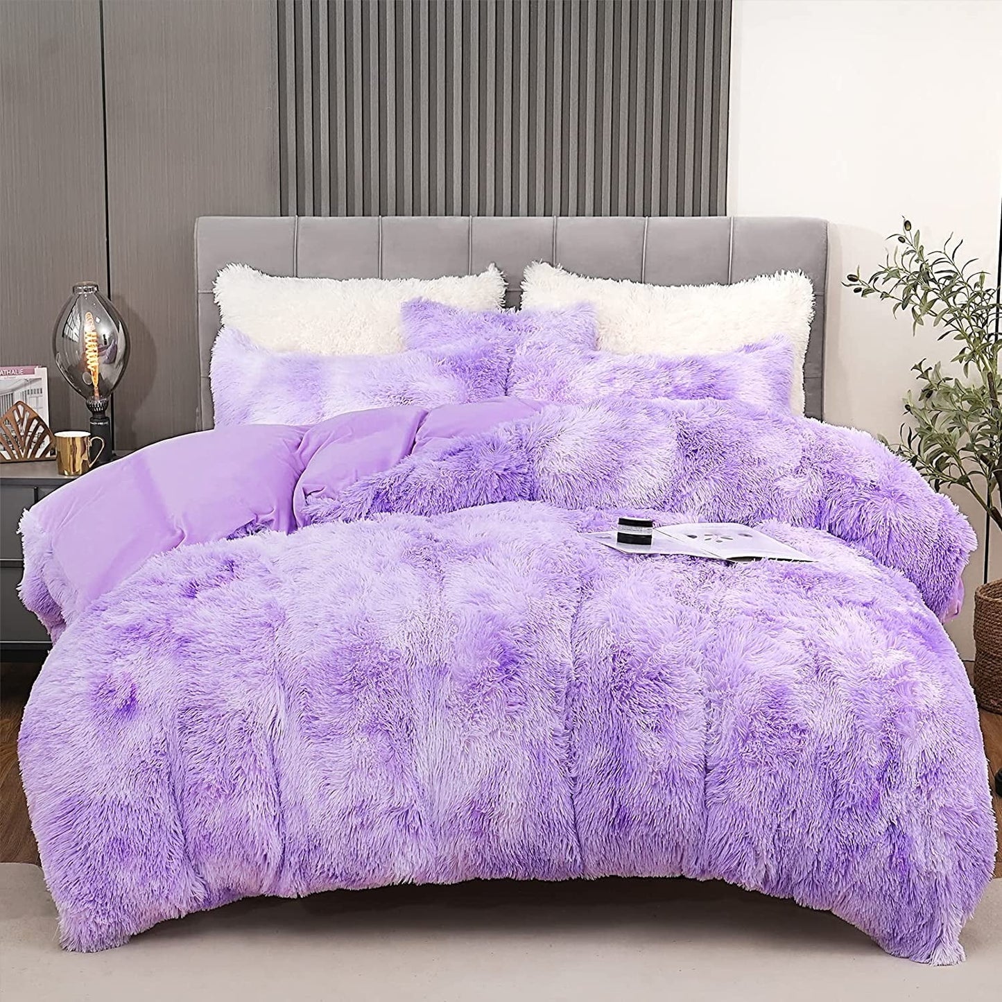 BLEUM CADE Luxury Fluffy Fuzzy Queen Bedding Comforter Set?4 Pieces Shaggy Duvet Cover Set?Furry Plush Velvet Comforter Cover with Zip Closure?Queen?Light Grey