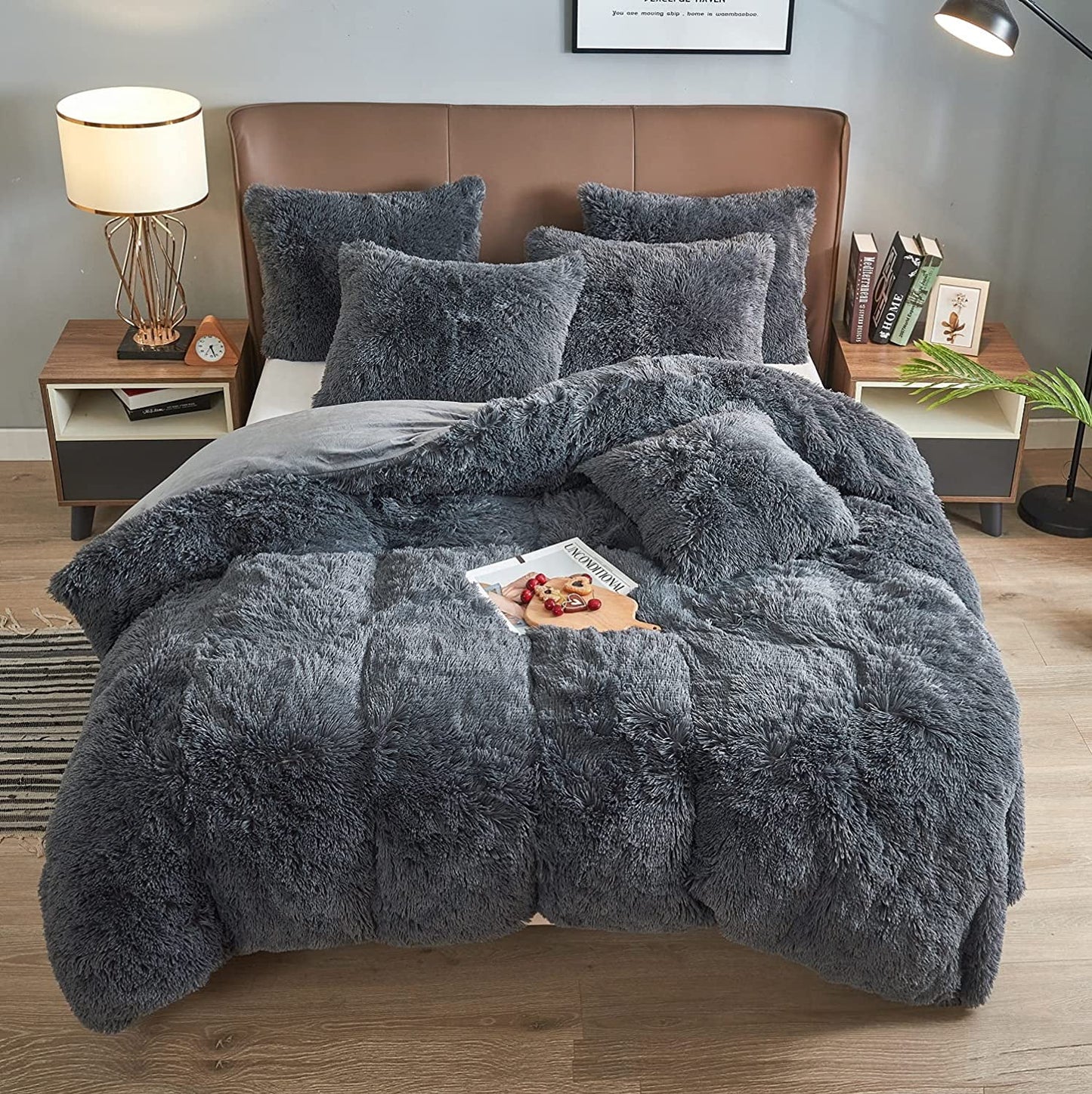 BLEUM CADE Luxury Fluffy Fuzzy Queen Bedding Comforter Set?4 Pieces Shaggy Duvet Cover Set?Furry Plush Velvet Comforter Cover with Zip Closure?Queen?Light Grey