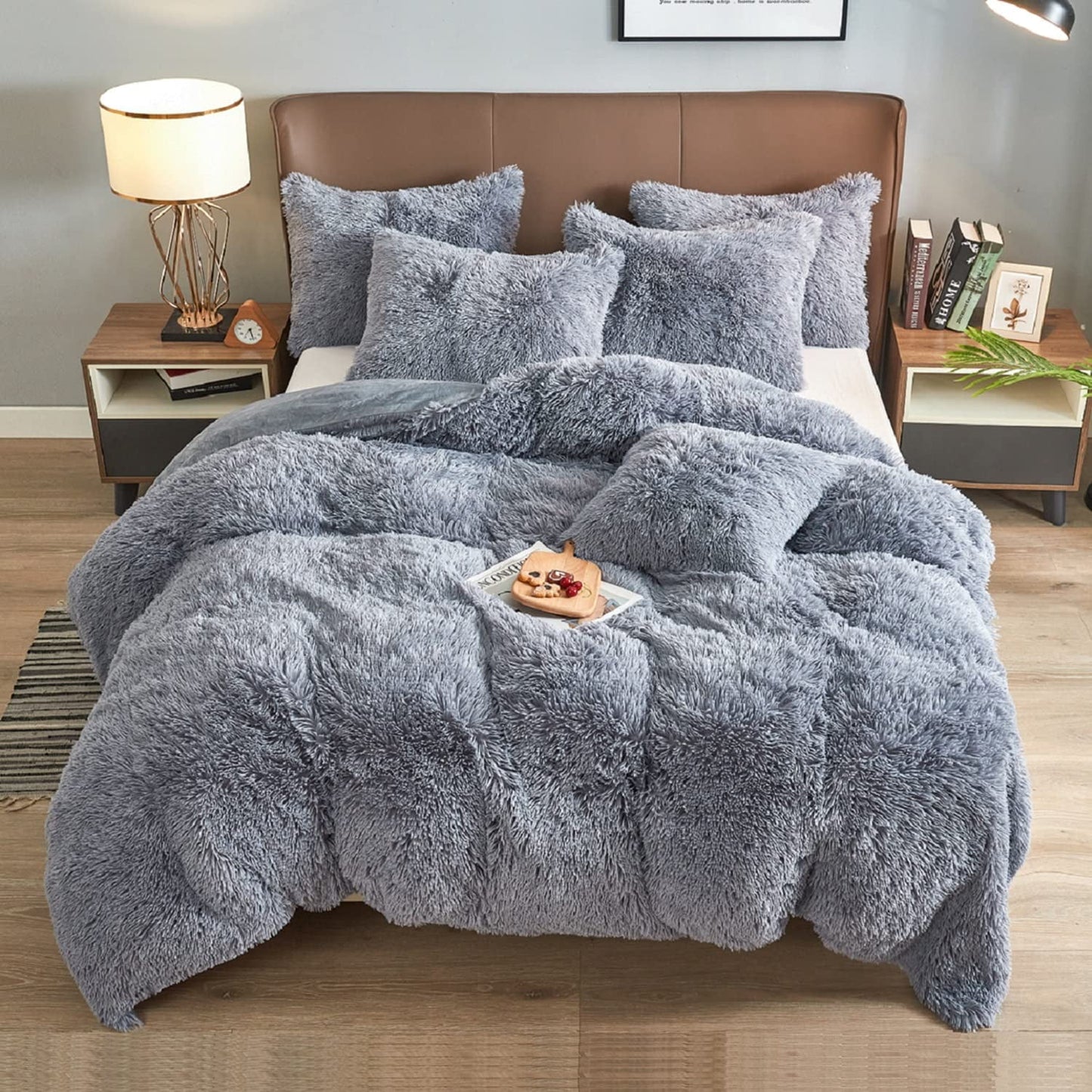 BLEUM CADE Luxury Fluffy Fuzzy Queen Bedding Comforter Set?4 Pieces Shaggy Duvet Cover Set?Furry Plush Velvet Comforter Cover with Zip Closure?Queen?Light Grey
